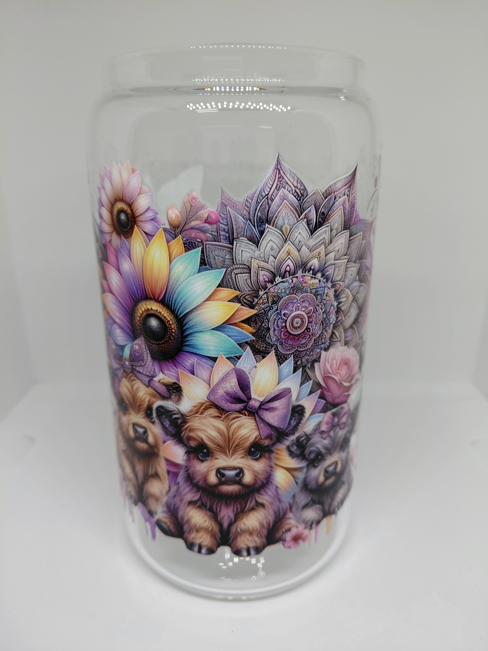 Glass Can Tumbler 16oz UVDTF 3 Highland Cows Flowers & Bows Straw Acrylic Lid